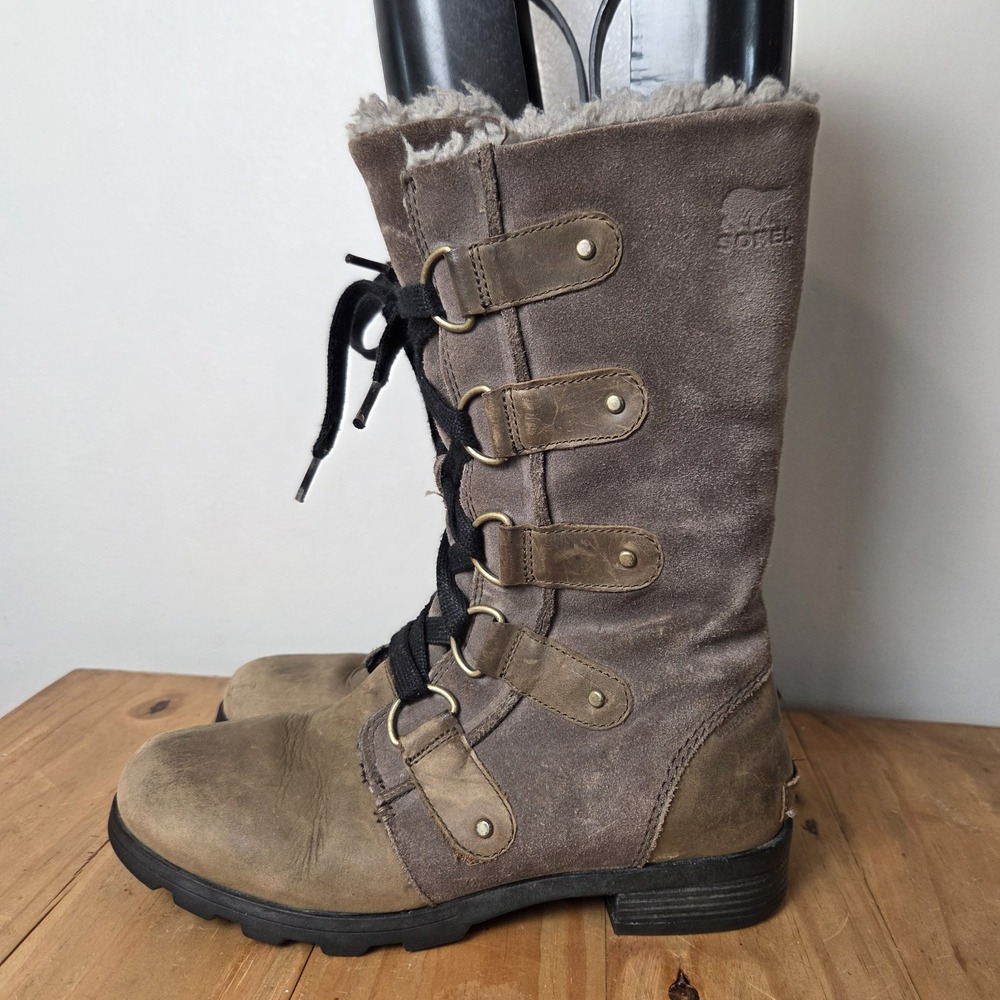 Sorel Womens 7 Lace Up Boots Brown Suede Leather Faux Fur Moto Combat NL2680